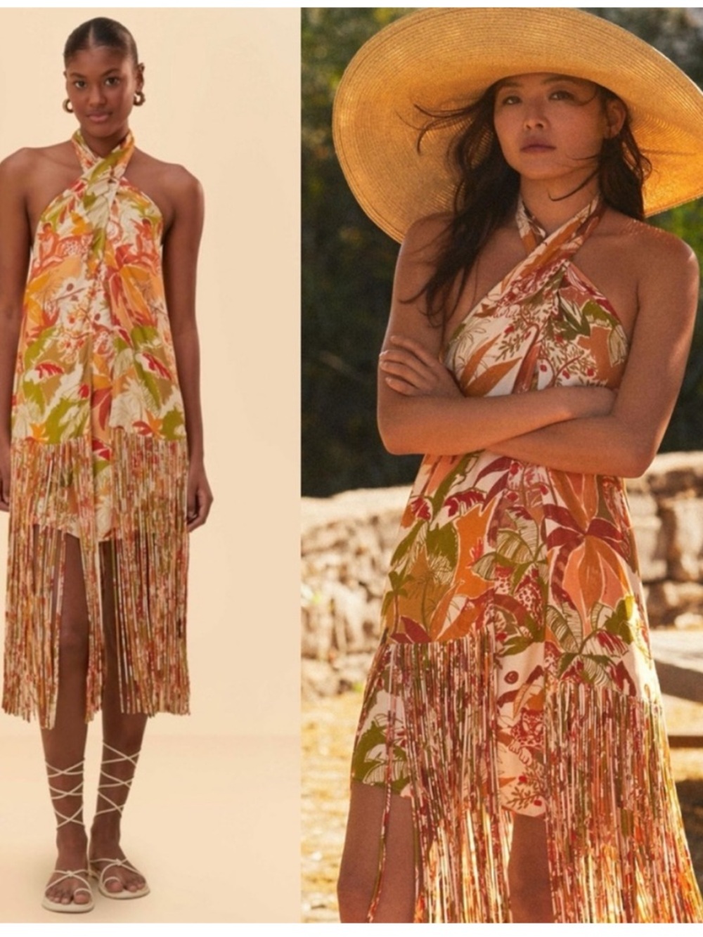 FARM Rio Leopard Forest Sand Halter Neck Fringe Mini Dress XS Anthropologie NEW